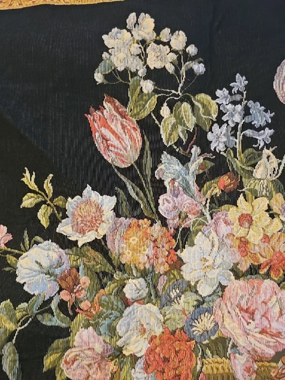 Vintage Black Tapestry Floral Basket Home Decor 70s Wall Hanging 27 X 25